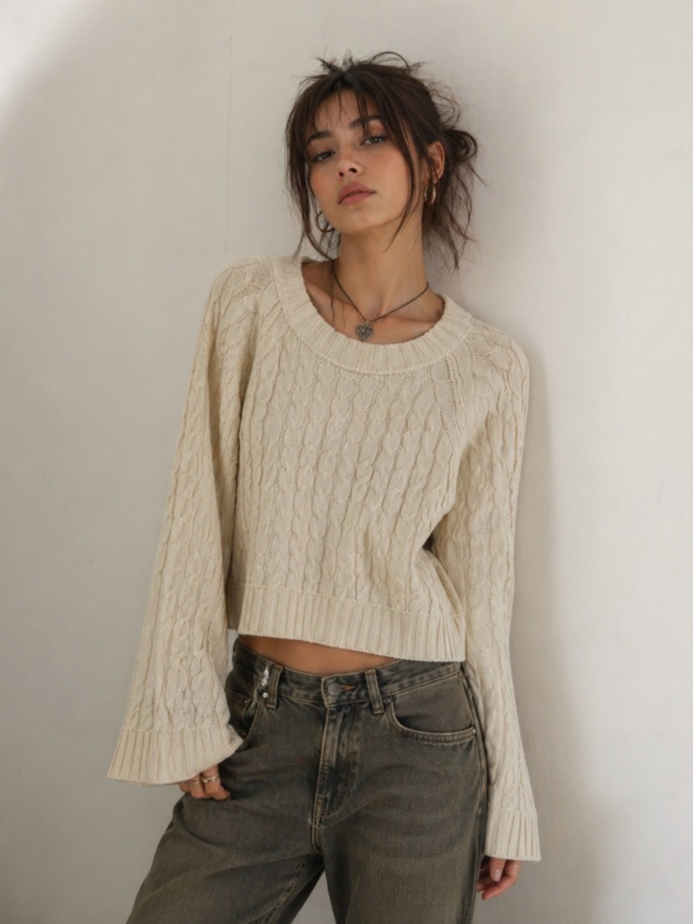 Favlux Beige Cream Cable Knit Crew Neck Bell Sleeve Sweater Womens Size Large